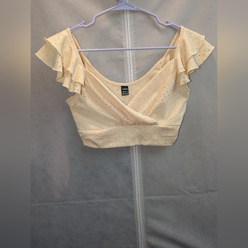 SHEIN Cream Eyelet Ruffle Crop Top